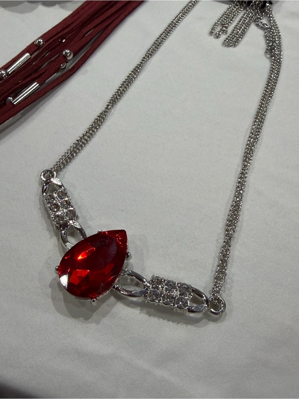 paparazzi Silver-Tone Necklace with Red Teardrop Crystal